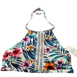 Time and Tru Tropical Floral Halter Bikini Swim Top Padded Cups M 8/10